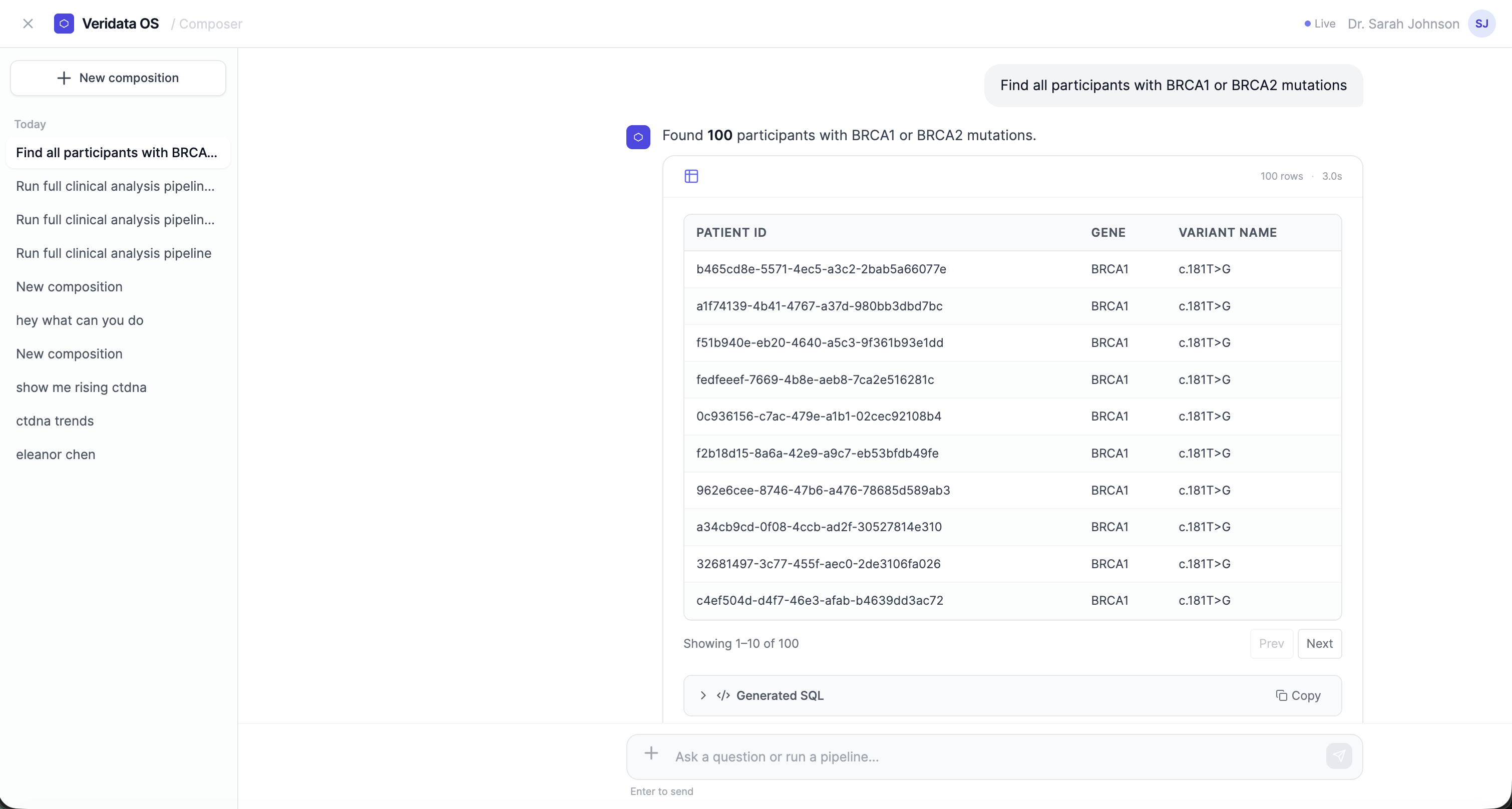 Veridata Composer — natural language data query with BRCA mutation results