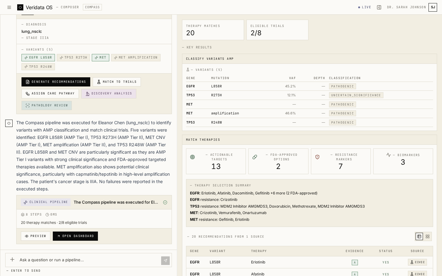 Veridata Compass — Composer mid-flight: top 15 gene variant counts, classification table with AMP tier and actionability, generated SQL, and handoff buttons for trial matching and stage breakdown.